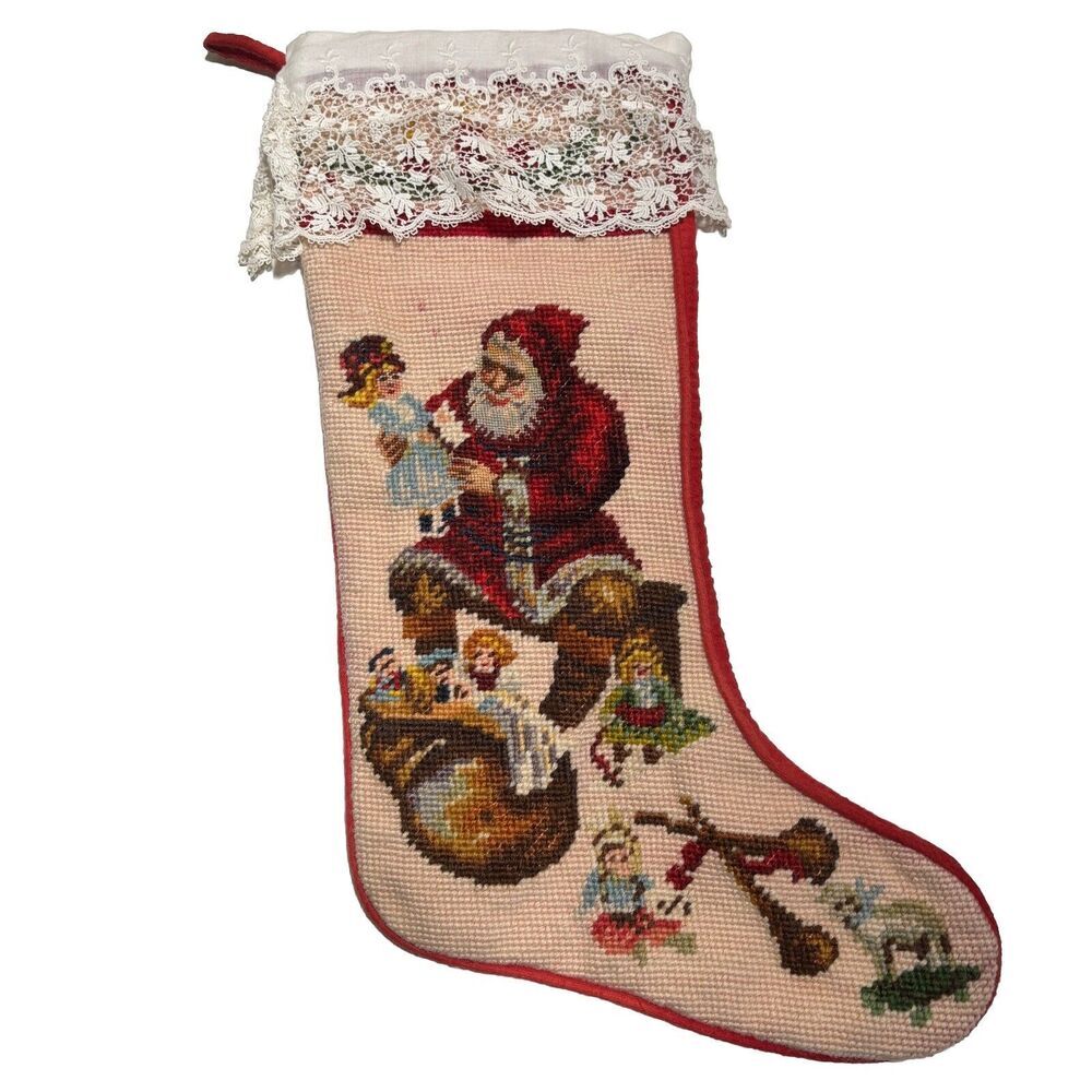 VTG 80s Needlepoint‎ Christmas Stocking Santa Toys Doll Lace Handmade Old World